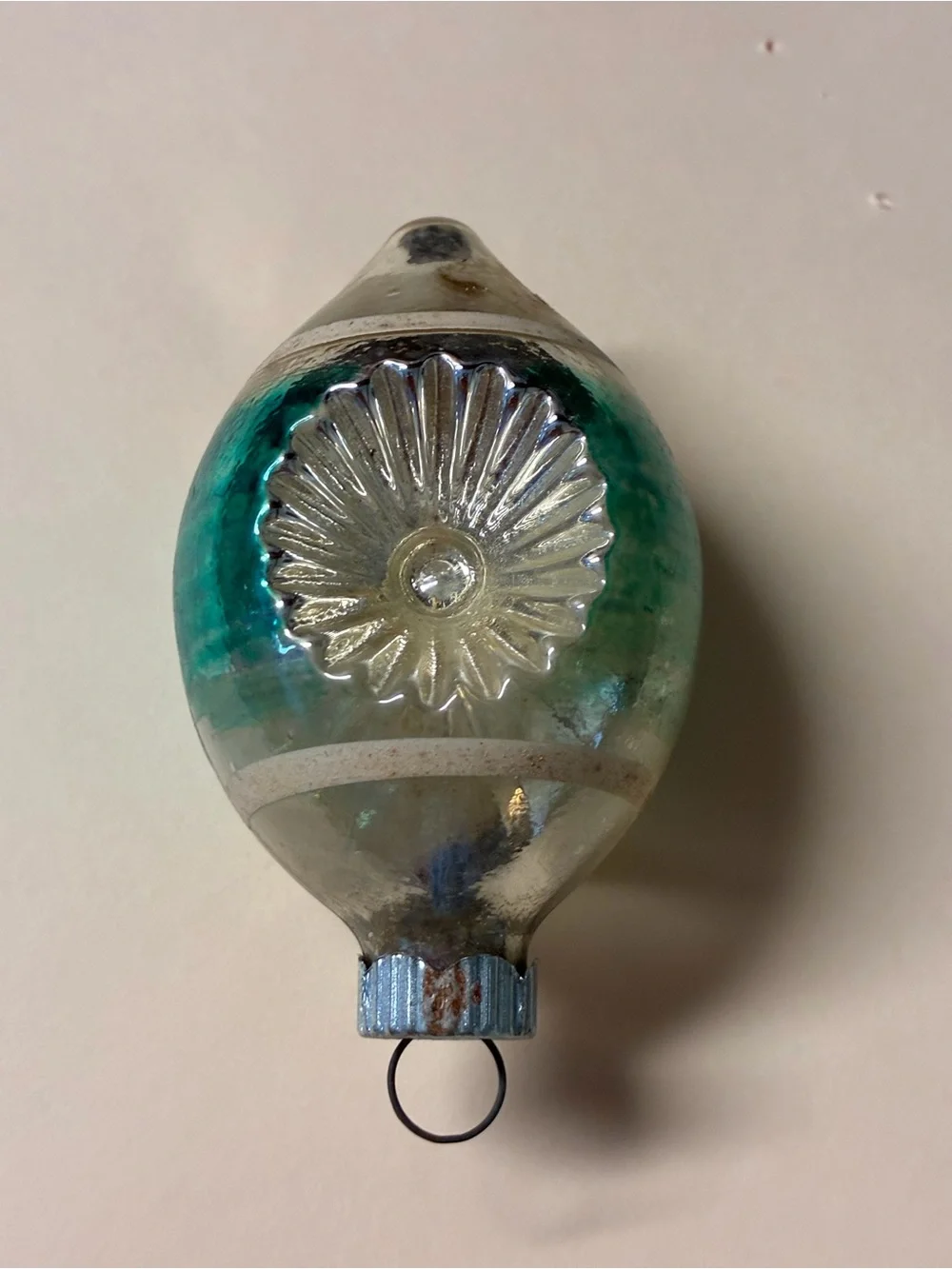 Shimmering Teardrop Glass Ornament in Aqua and Silver